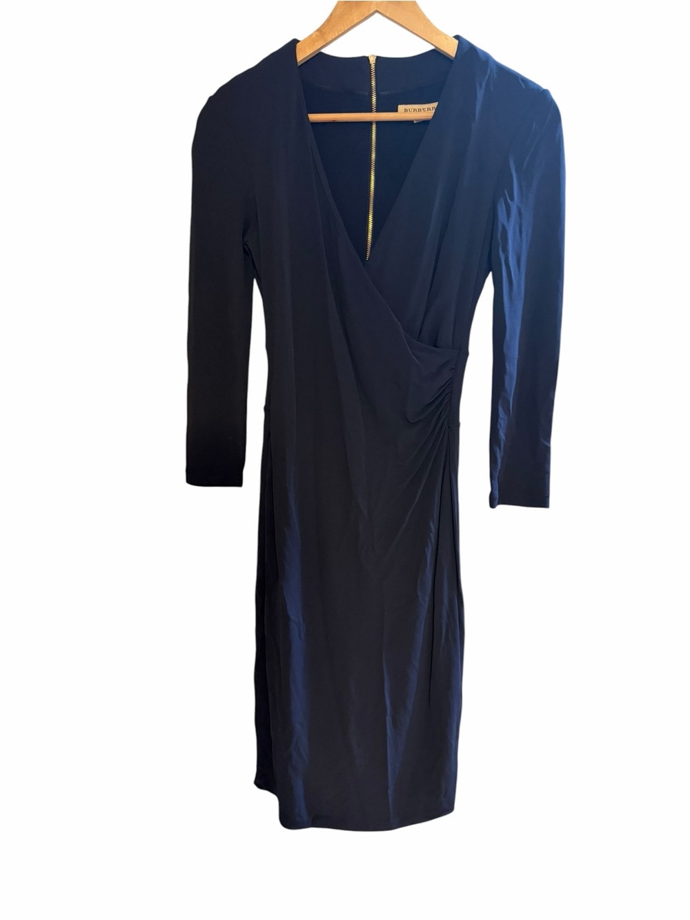 Burberry Navy Ruched V-Neck Long Sleeve Sheath Dress - Picture 6 of 9